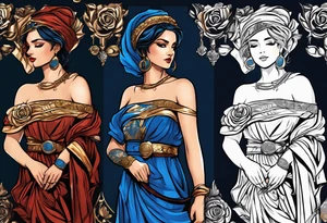 ancient rome clothes women, with scale in one hand, blue rose frames, justicia tattoo idea