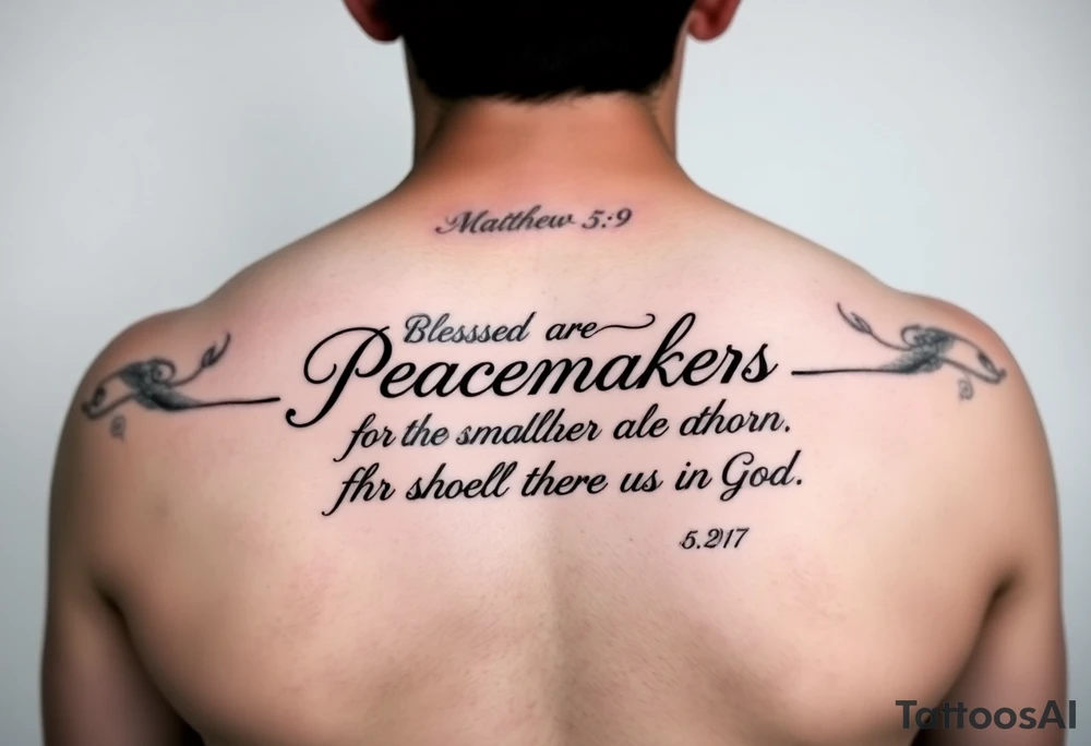 I already have a tatoo on my left pectoral that says Matthew 5:9 6" long and 1" high and want to add "Blessed are the peacemakers for they shall be called the children of God" with some sort of art. tattoo idea