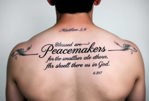 I already have a tatoo on my left pectoral that says Matthew 5:9 6" long and 1" high and want to add "Blessed are the peacemakers for they shall be called the children of God" with some sort of art. tattoo idea
