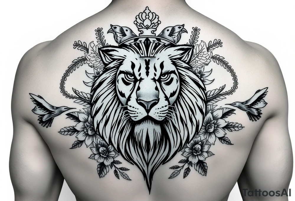 powerful majestic lion with a crown, surrounded by floral ornaments and birds tattoo idea