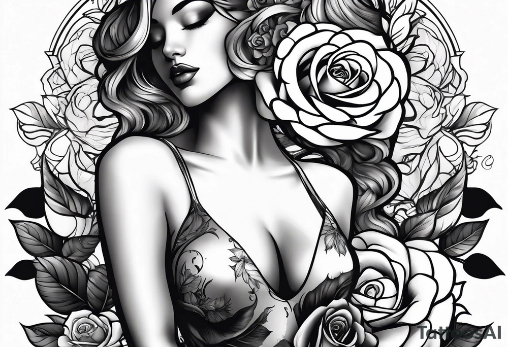 Bloomed rose attached with female body, kneeling tattoo idea