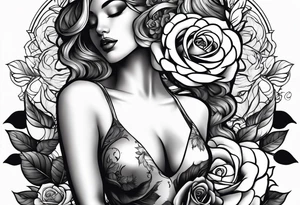 Bloomed rose attached with female body, kneeling tattoo idea