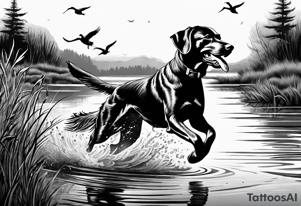 bird dog retrieving duck from marsh in its mouth tattoo idea