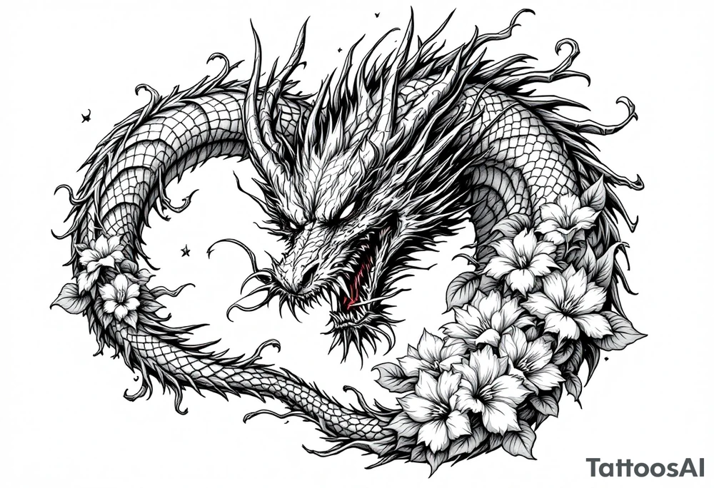 majestic scary dragon with flowers tattoo idea