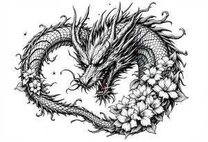 majestic scary dragon with flowers tattoo idea
