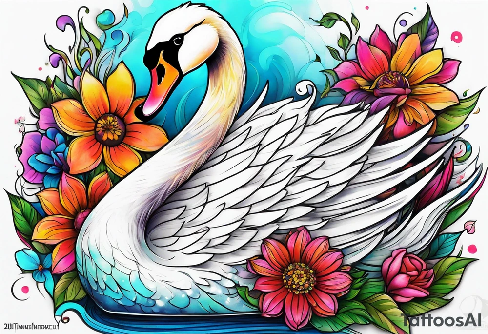Colorful swan tattoo with flowers tattoo idea
