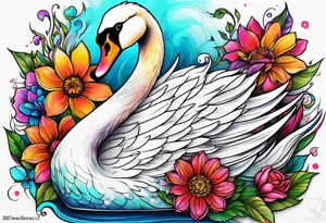 Colorful swan tattoo with flowers tattoo idea