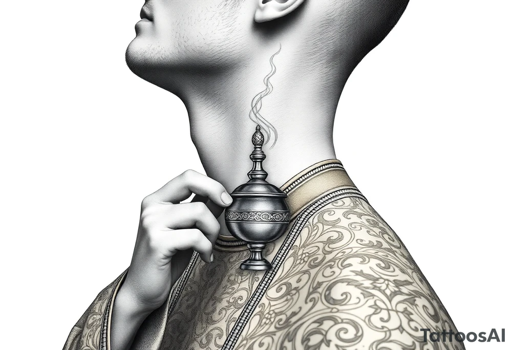 A Russian Orthodox Priest in full gold vestments swinging a censer with smoke curling upward 

The ornate robes give incredible fine line detail
The incense smoke could flow and connect to other elements
It ties directly into the church and Virgin Mary you already have
Very culturally authentic to the overall theme tattoo idea