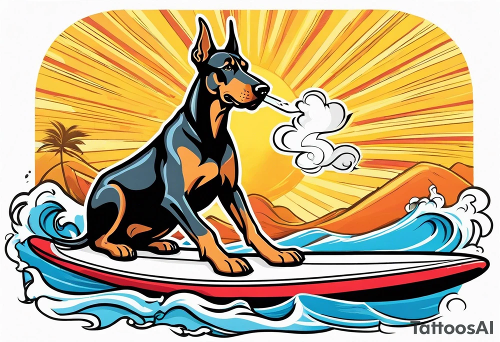 doberman smoking a cigar on a surfboard tattoo idea