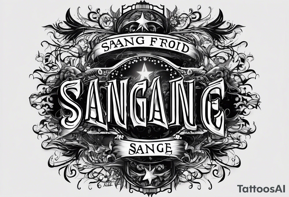i want a tattoo that has the text 'sang-froid' and 'sanguine'
, with only one sang with minimal visual effects that are gothic, nihilistic and stoic. tattoo idea