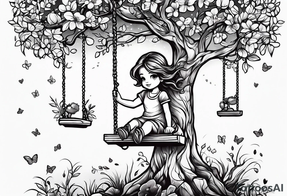 little girl swinging under a tree of life tattoo idea