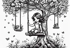 little girl swinging under a tree of life tattoo idea