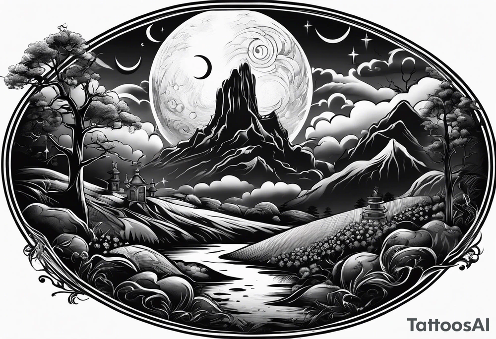Graveyard with moon and smoke  on hills tattoo idea