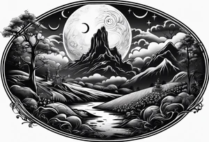 Graveyard with moon and smoke  on hills tattoo idea