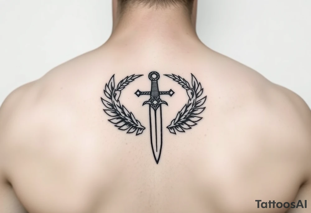 Laurel crown wreath surrounding sword and wings tattoo idea