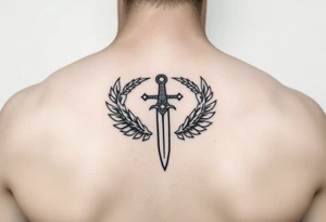 Laurel crown wreath surrounding sword and wings tattoo idea