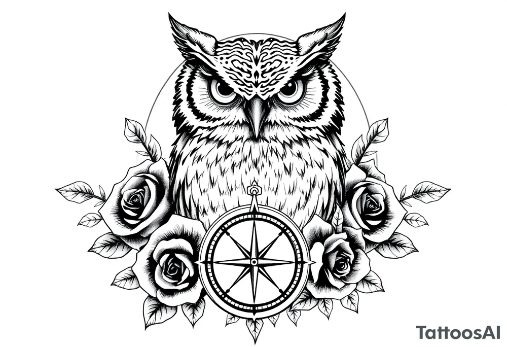 an owl,compass,roses, tattoo idea