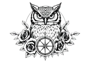 an owl,compass,roses, tattoo idea