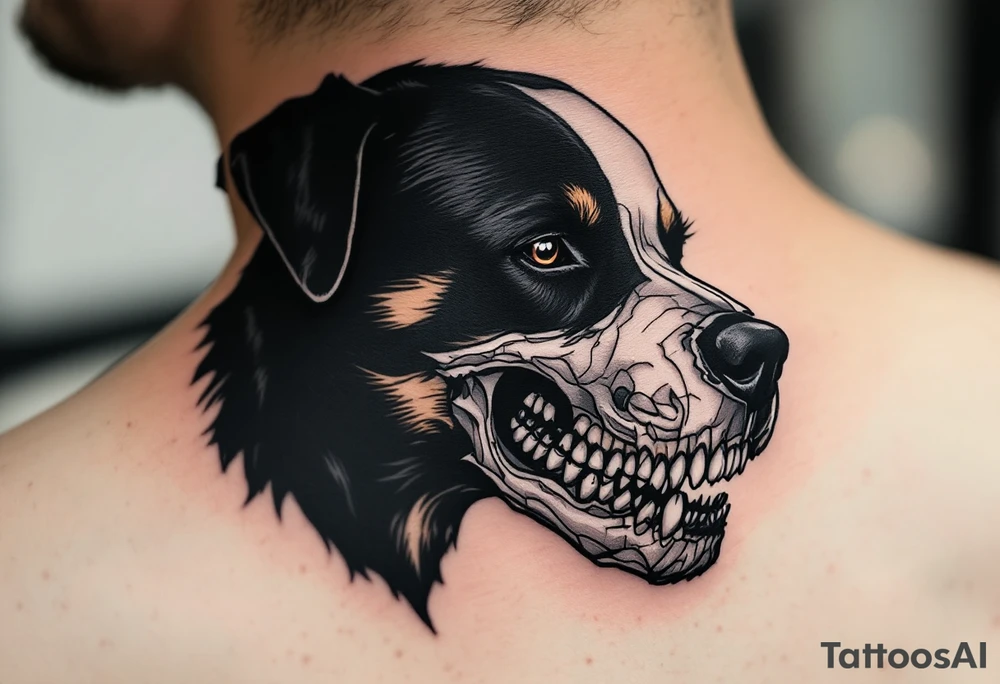 Rottweiler Skull Fusion – A half-rottweiler, half-skull design, blending realism with dark symbolism. Monochrome with light shading to define the bone structure. tattoo idea