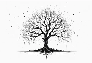 a barron tree struck by lightning, the branches resemble a brain and its spark of life. the ground below the tree is cracked symbolizing the broken connection between creator and creation tattoo idea