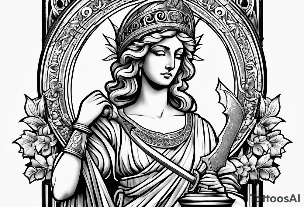 "I would like to depict Themis (Greek Goddess of Justice) cutting her own eyes with her sword." tattoo idea