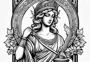 "I would like to depict Themis (Greek Goddess of Justice) cutting her own eyes with her sword." tattoo idea