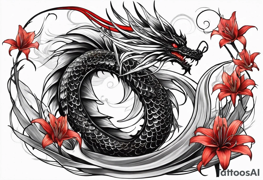 Black and white dragon. Red spider-lily. Lightning. No background. Arm or Shoulder. tattoo idea