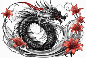 Black and white dragon. Red spider-lily. Lightning. No background. Arm or Shoulder. tattoo idea