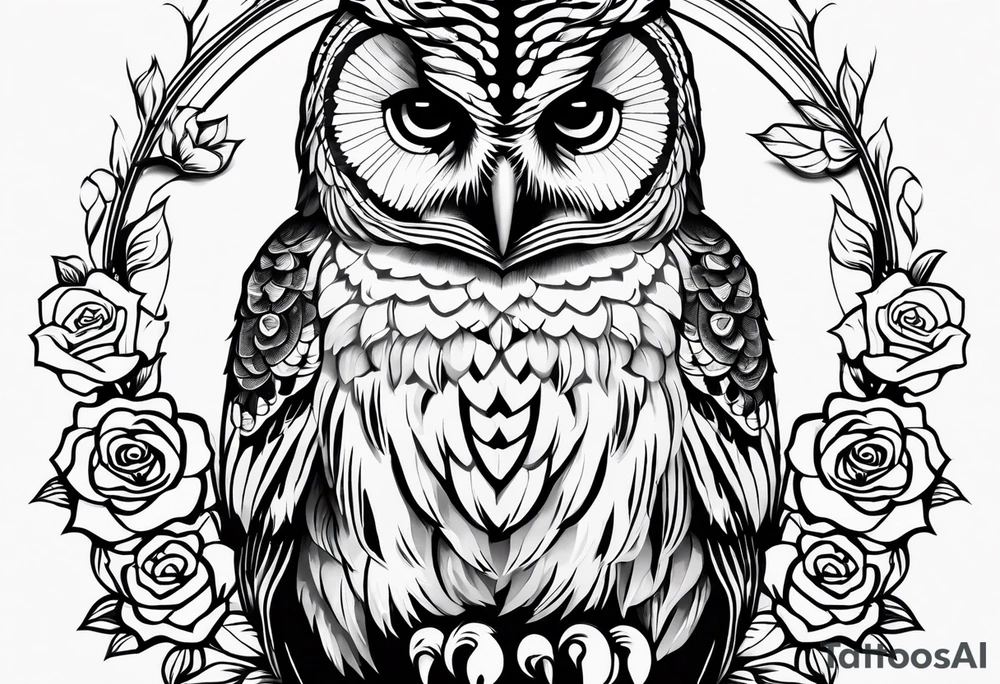 Barred owl with a single rose tattoo idea