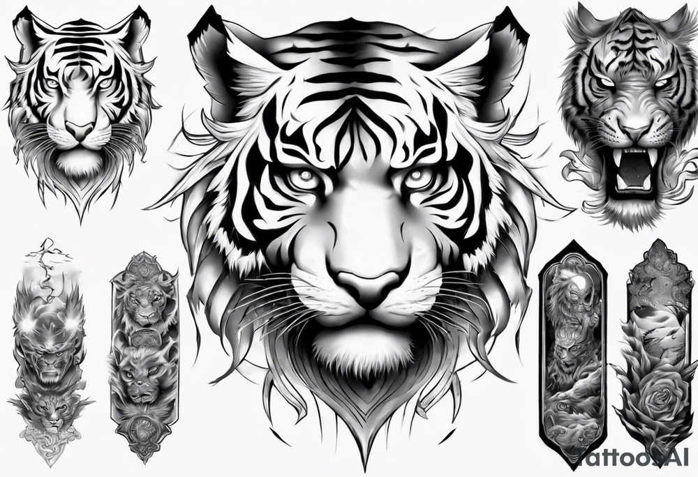 Tiger Warrior sleeve tattoo with lightning and the sun
Forearm sleeve tattoo idea