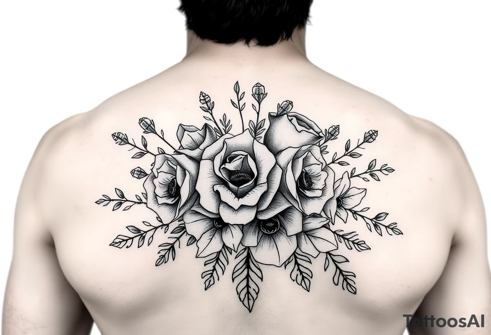 vintage bouquet of wild roses and meadow flowers with morning dew tattoo idea