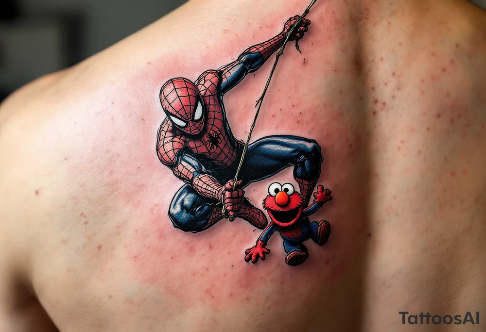 Full color spiderman swinging from a web with elmo tattoo idea