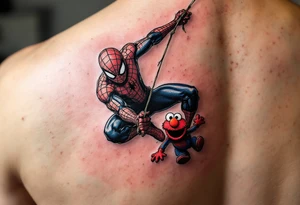 Full color spiderman swinging from a web with elmo tattoo idea