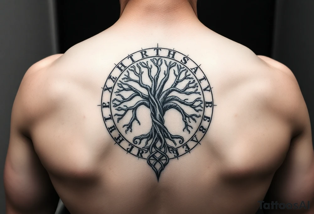 yggadrisl tree of life with circle of runes tattoo idea