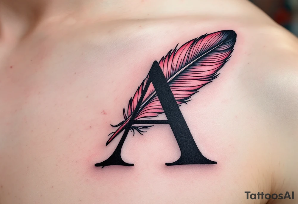 A feathered quill forming the letter "A" in dusty rose and ink black. tattoo idea