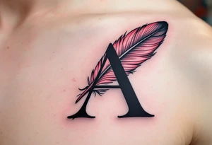 A feathered quill forming the letter "A" in dusty rose and ink black. tattoo idea