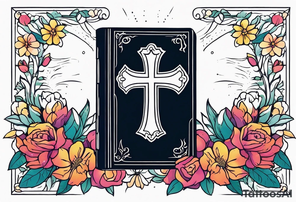 front of bible with cross on bible surrounded by flowers
colorful bold colors tattoo idea