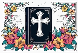 front of bible with cross on bible surrounded by flowers
colorful bold colors tattoo idea