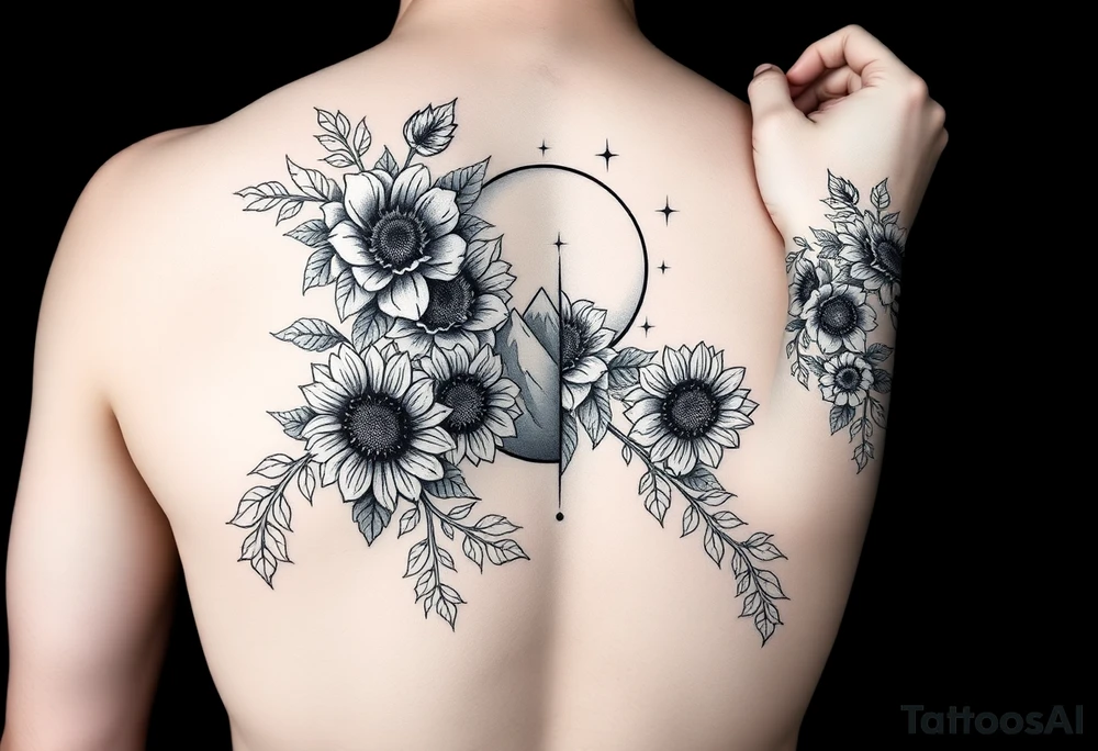 Arm and wristwrap around tattoo, with roses and vine with sunflowers moon and stars mountains tattoo idea