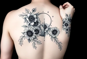 Arm and wristwrap around tattoo, with roses and vine with sunflowers moon and stars mountains tattoo idea