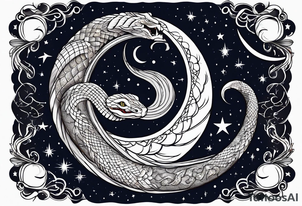 A snake hug the moon in the night sky tattoo idea