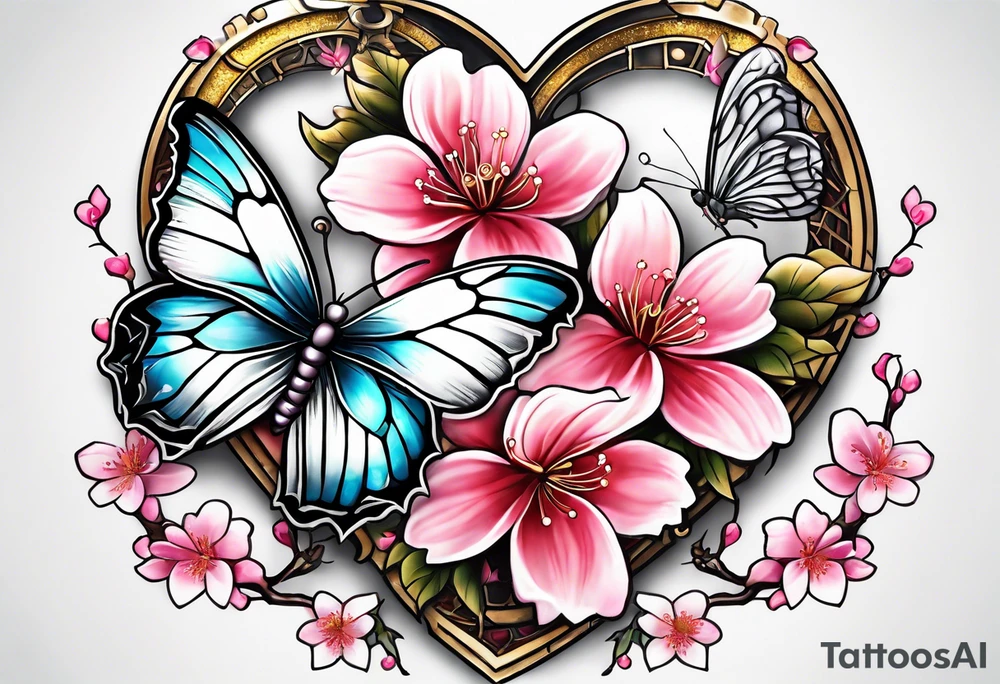 Cherry Blossom Tattoo with a key that unlocks a heart surrounded by white butterflies and in a golden aura tattoo idea