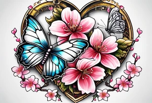 Cherry Blossom Tattoo with a key that unlocks a heart surrounded by white butterflies and in a golden aura tattoo idea