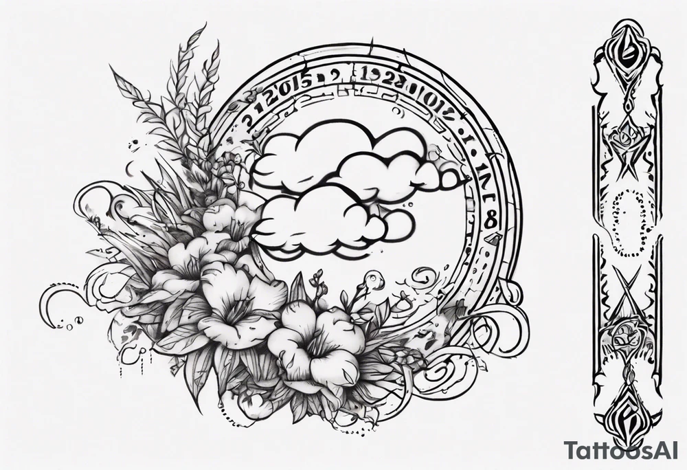 a forearm tattoo with a cloud with little plants and underneath it the date 12.08.05 tattoo idea