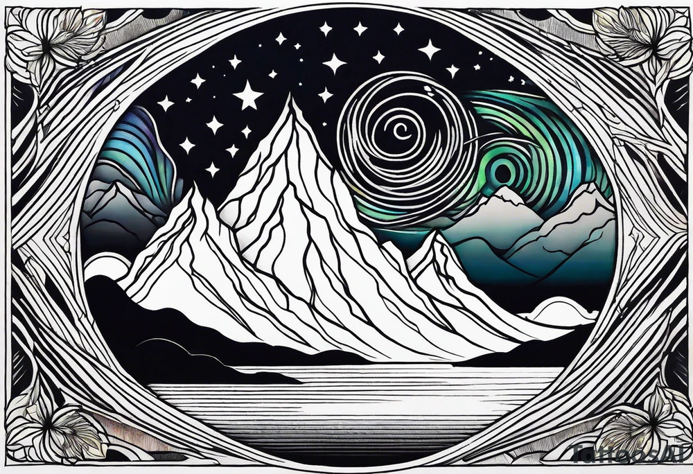 northern lights and mountain  square shaped tattoo idea