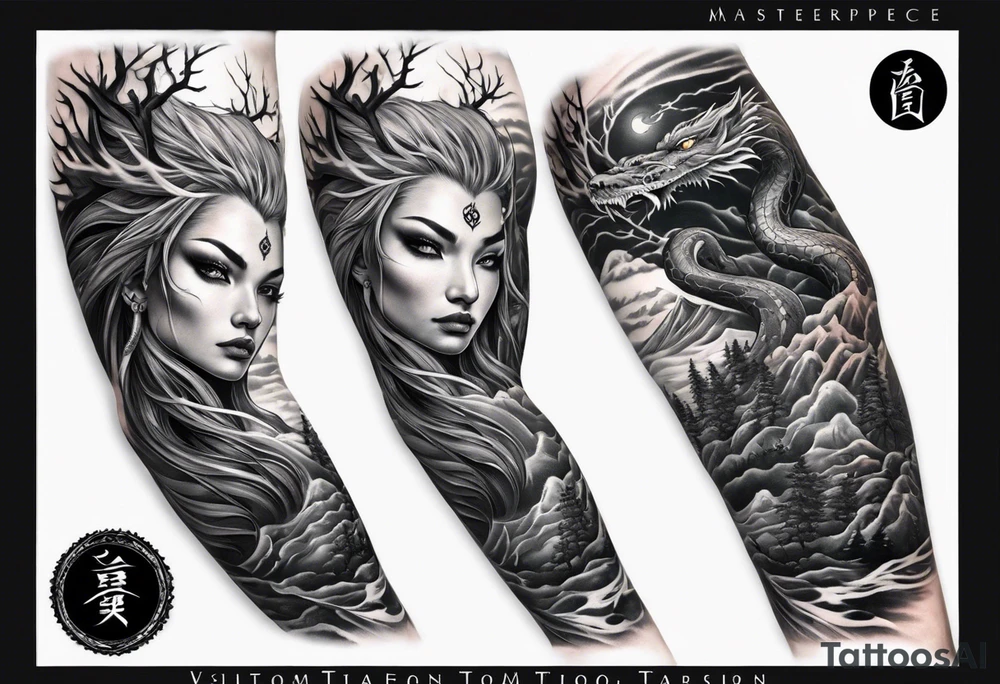 Full arm sleeve, tree going up to shoulder dead tree going down to wrist, wrapped in a serpent moving down with mountain, water, and demonic elements tattoo idea