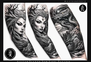 Full arm sleeve, tree going up to shoulder dead tree going down to wrist, wrapped in a serpent moving down with mountain, water, and demonic elements tattoo idea