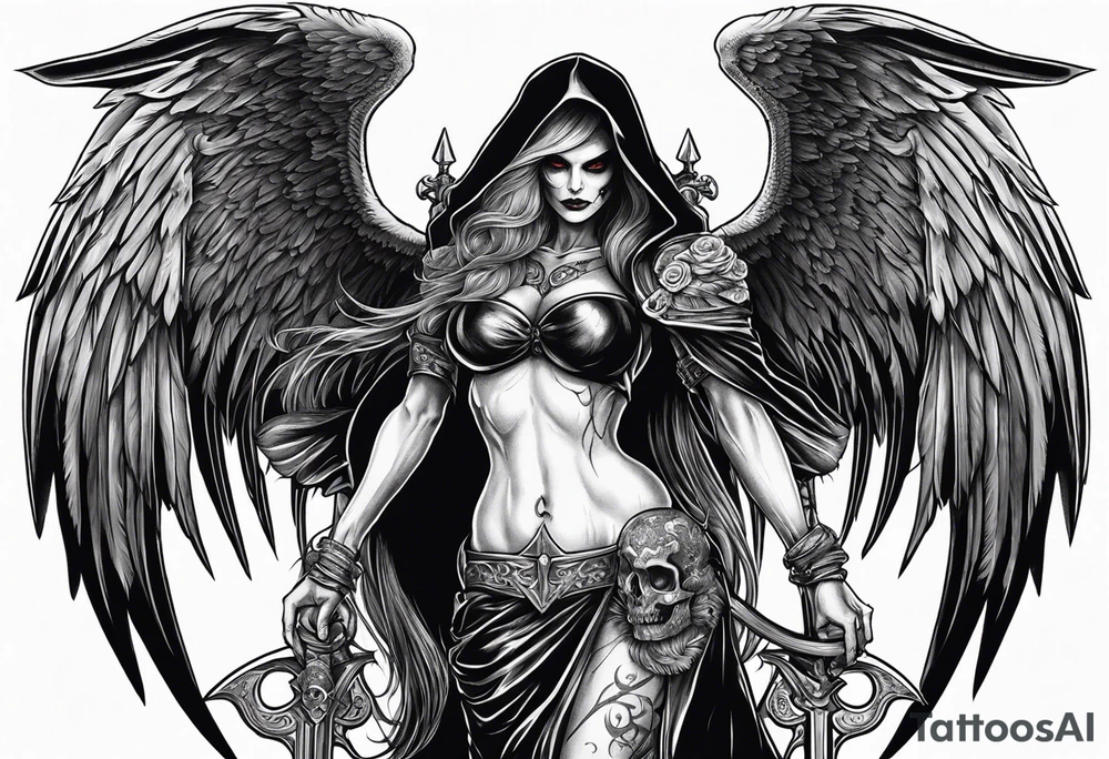 Lady death grim reaper with angel wings, scythe and skulls and tattoo idea