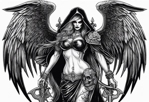 Lady death grim reaper with angel wings, scythe and skulls and tattoo idea