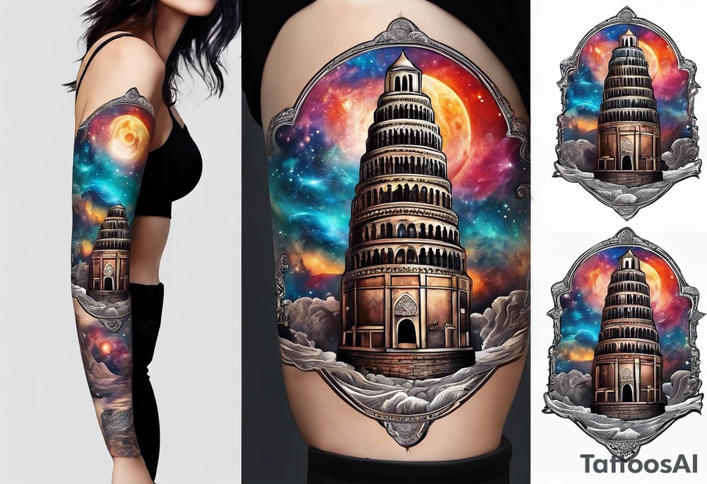 Babel tower with a cosmic background tattoo idea